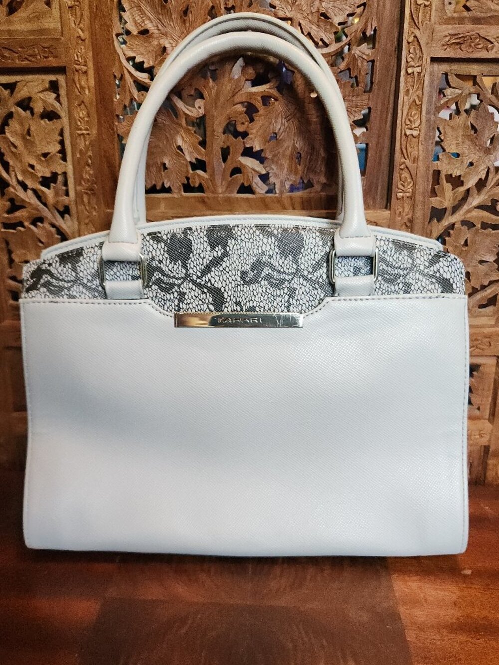 Tahari Gray Satchel with Lace-Print Accent